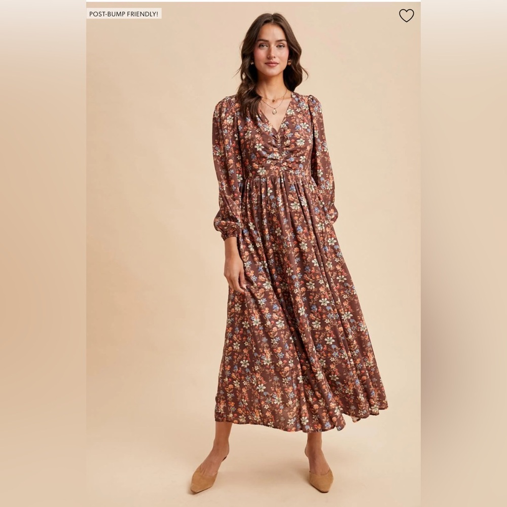 Pinkblush Mocha Floral Cinched Bust 3/4 Sleeve Maternity Maxi Dress - Small